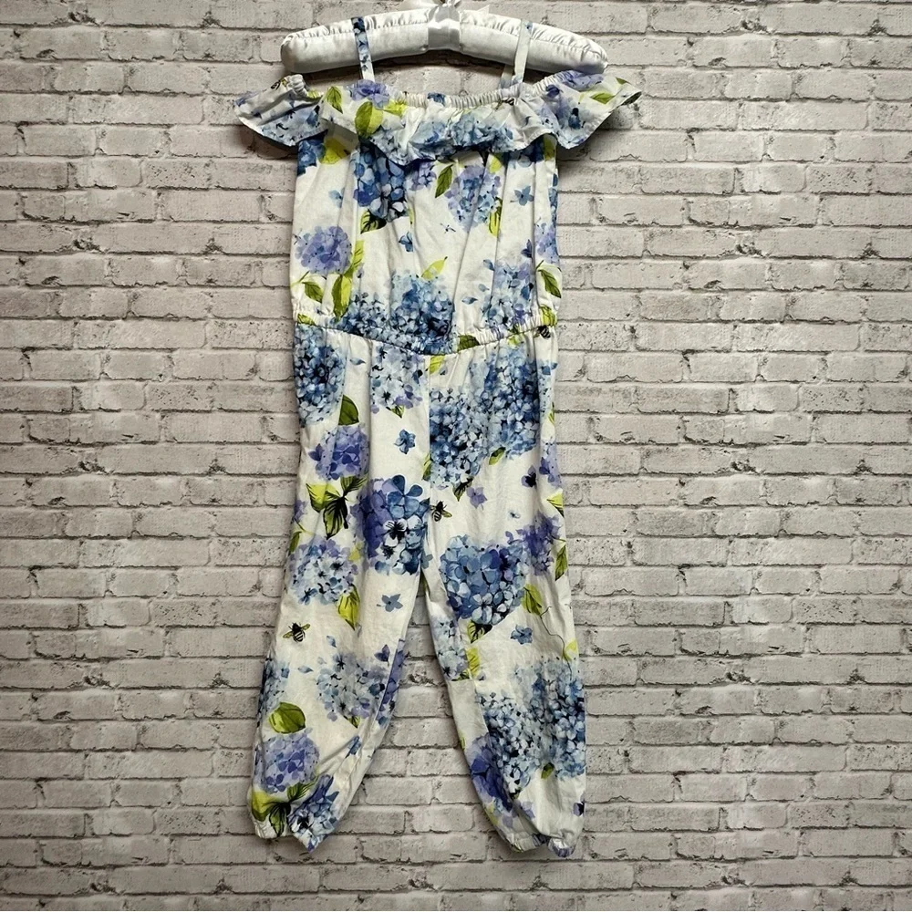 Gymboree Size 3T Floral Lined Jumpsuit Blue White Off Shoulder Ruffles Bees
